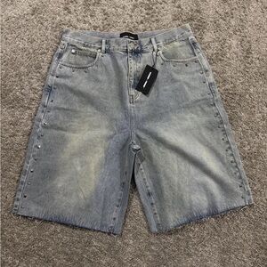 Blue Gray faded stud Denim Shorts fray cut offs nwt homme + Femme street wear